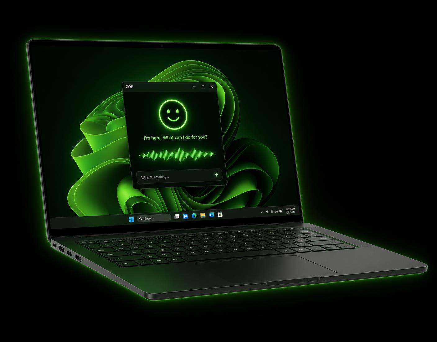 Laptop running the ZOE desktop assistant with a glowing green interface